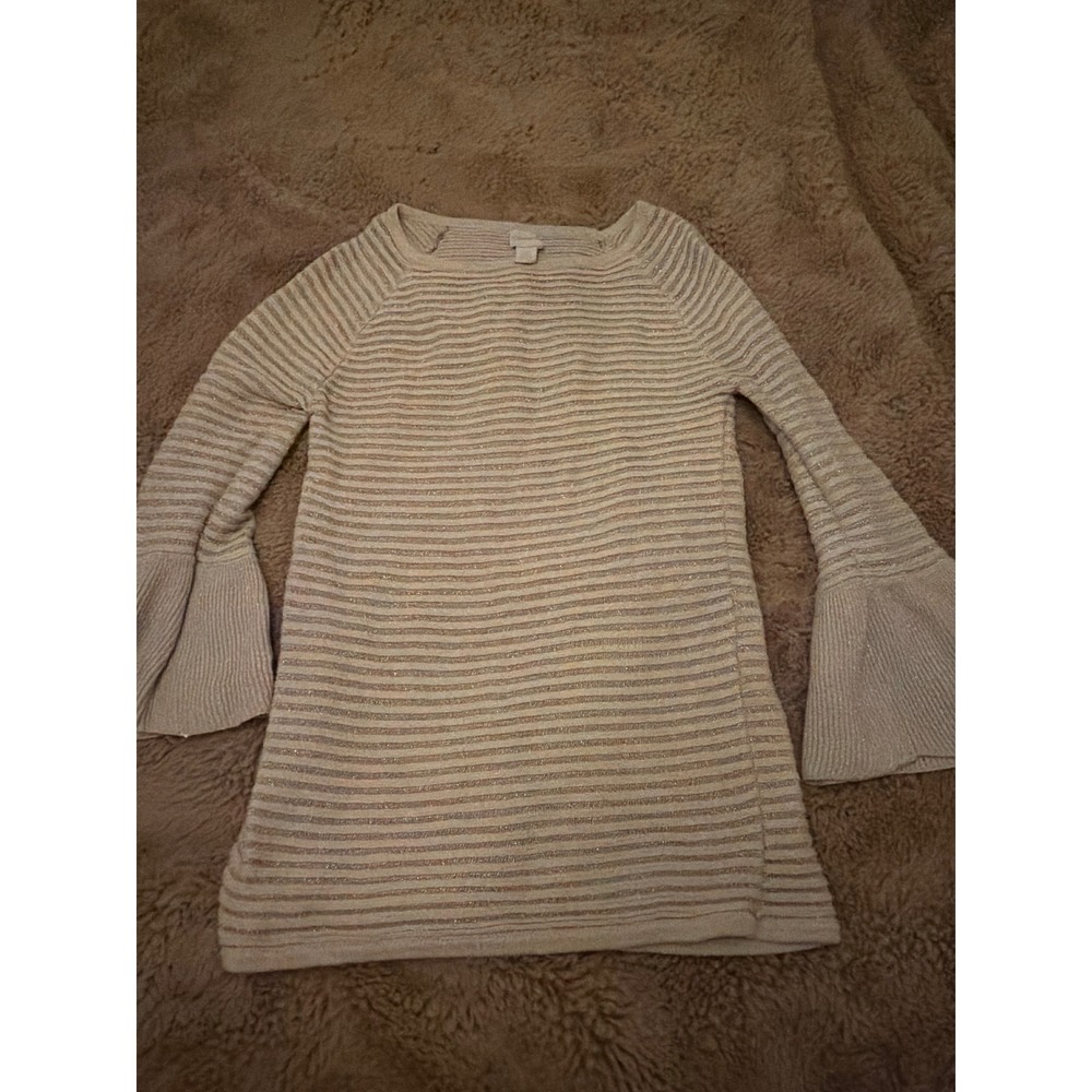 Chicos Cream Gold Metallic Striped Ribbed Bell Sleeve Sweater Size 0 Small